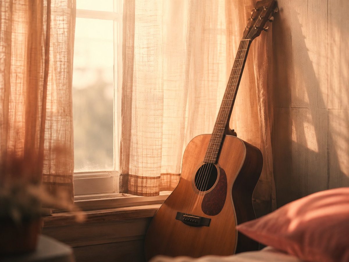 Guitare acoustique près d'une fenêtre